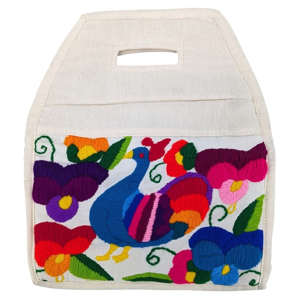 Vintage MEXICAN OTOMI EMBROIDERED PURSE Bright Bird & Floral Design Tote ~ NWOT